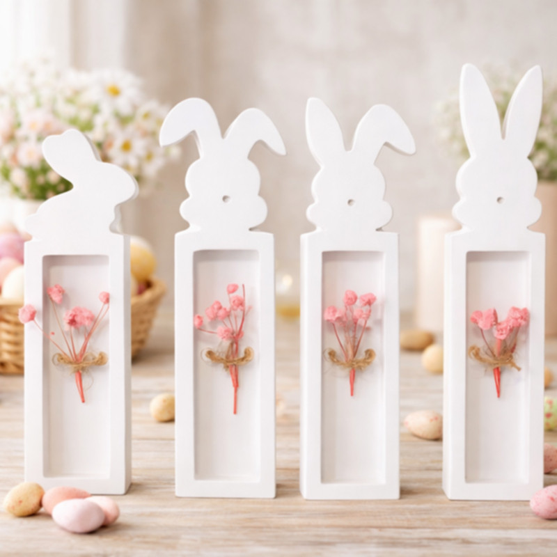 Osterdeko 4er Set mit Hasenmotiv und Trockenblumen modern